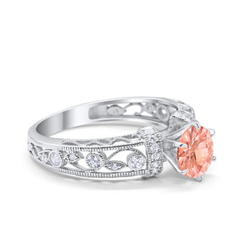 Art Deco Wedding Promise Ring Round Simulated Morganite CZ 925 Sterling Silver